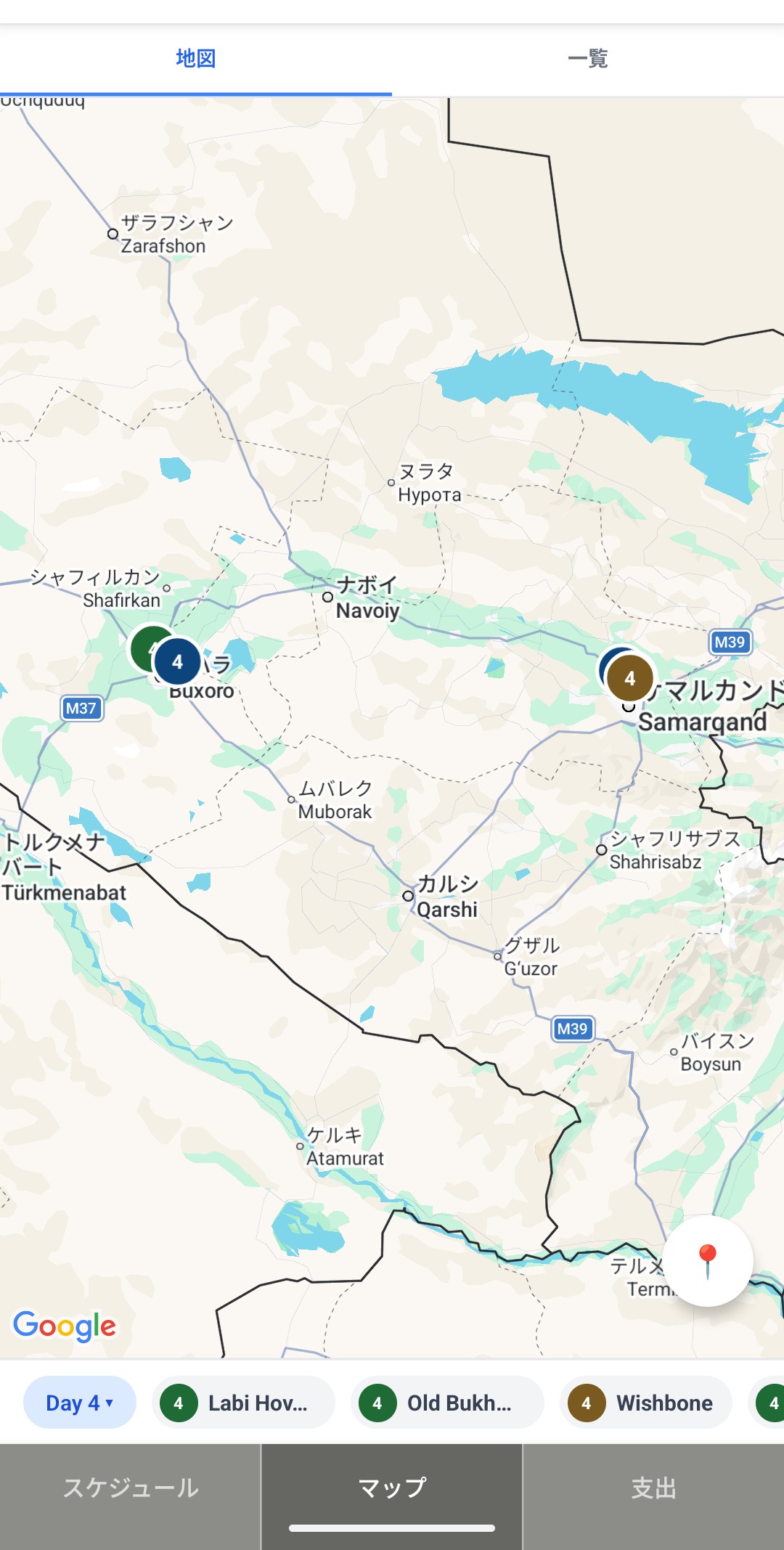 マップ：旅程のピン表示